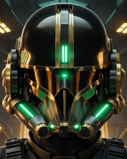 star wars bald male corellian pilot wearing black and bright gasoline green First Order special forces TIE pilot commando armored flightsuit and helmet with gold trim inside the jedi temple, centered head and shoulders portrait, hyperdetailed, dynamic lighting, hyperdetailed background, 8k resolution, volumetric lighting, light skin, fully symmetric details