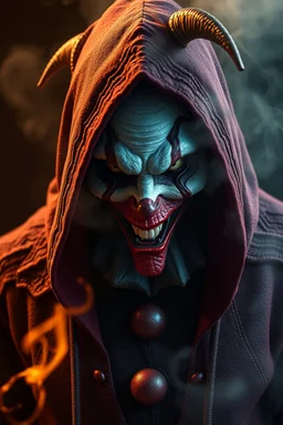 A scary hooded clown , red skin, scales, unreal engine 6, high detail, intricate, cinematic. photoshoot style, intricate, studio lighting, Fire, smoke, masterpiece , highly detailed, 8k, best quality, dramatic,d,<lora:mshn:0.7>,<lyco:Warrior_Couture:0.5>,