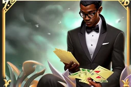 Dashing black man in a suit, holding a deck of cards. There's a young fey dragon with him.