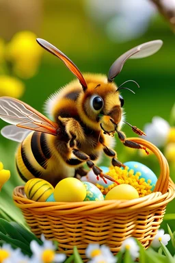 Honey bee with a basket full of Easter eggs