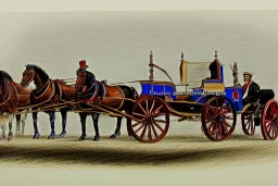 Fiacre, landauer carriage with two horses in Vienna. Pencil sketch. Old paper. Colours