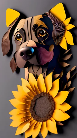 cute dog face, papercut, multi-layered, sunflower, delicate foilage, crisp, shadows, optane render, highly detailed, papercut style, 3d, 8k