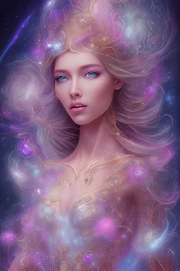 Create an image of a full body cosmic Goddess. The goddess should be depicted as a beautiful and powerful figure, surrounded by cosmic stars. Her hair should be long, blond and flowing, and she should be dressed in a flowing gown blue celestial robe. In the background, include imagery of pink flowers, blue sky,trees. The image should evoke a sense of joy, celebration, and spiritual connection to nature.