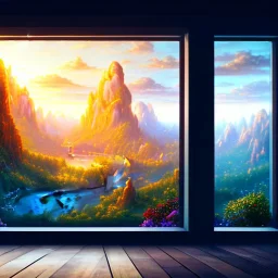 desk, parquet, sheet of paper, little pen, in front of a huge picture window with large view on a waterfall with warm light, sunset ,pixar style, panorama, nature, globe, HD, Hallelujah mountains