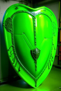 A neon green defensive shield painted by Edward Hicks