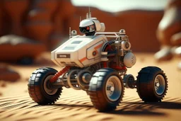 lowpoly storm trooper driving highly symmetric metallic rocket propelled mad max ATV with rounded glass bubble roof in red desert, bokeh like f/0.8, tilt-shift lens 8k, high detail, smooth render, down-light, unreal engine, prize winning