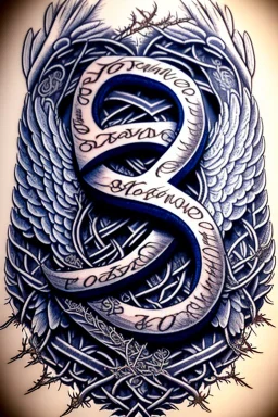 ultra realistic and highly detailed tattoo of a name written in the centre -"Jiu-Jitsu", a thick texturised cross with deep grains behind the writing, coming from the sides are two majestic angel wings almost sheltering the writing, chaotic and explosive background of intervining vines with thorns, few roses and rope knots, blue and grey colors, epic, 32k