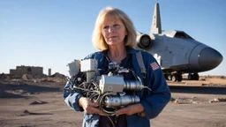 A 60-year-old woman with blond hair, holding an armful of complex electrical equipment, standing in front of a spaceship, with a ruined city in the background.