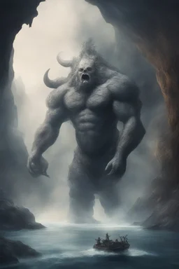 A giant creature holding and lifting up a big ship over head with his arms , a Smokey texture standing in a water in front of a mythical cave in granite volcanic mountain . Busch painting style