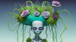 Partially skeletonized troll doll in ceremonial dress for getting married with plants growing from the top of her head; Alex Pardee; surrealism