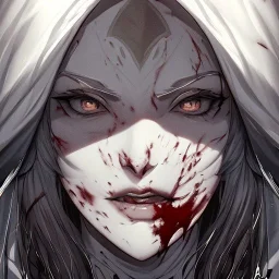 Goodness, Blood splatter, battle wounds, female, portrait, max detail, hd, Long hair, dark souls style, detailed eyes, eye color blue