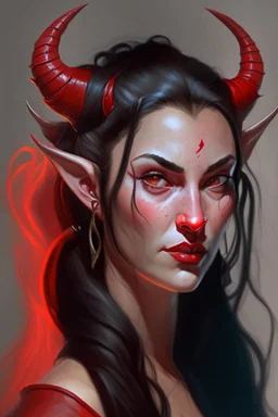 Portrait of a young and beautiful female Tiefling bard with bright red skin, two horns emerging from her forehead and long black hair with sidebangs and a ponytail.
