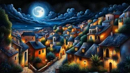 Fantastic night cityscape of an old Mediterranean town, view of tiled roofs and windows of different shapes and sizes of cozy houses, with attic and mezzanine, lights in some windows, authentic old Italian village with plants, mystical atmosphere, dark night with stars, cinematic, detailed sharp focuses, oil painting, paint drop