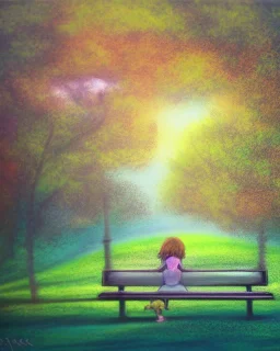 park mystical dream, park bench, man, woman, child, dog, trees, path, bird, sunshine, mystical, fantasy, romanticism, pastel colors, daylight, daytime, acrylic painting, detailed, soft focus,