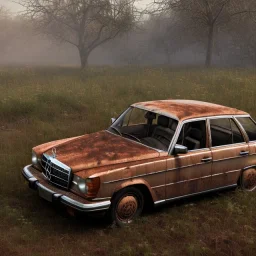 an abandoned 1990 Mercedes rust 2-door overgrown by nature with dust ,ultra realistic,concept, 4k ,on street,8k resolution, high-quality, fine-detail, parked in crowded city winter