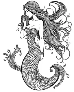 A real simple less black mermaid, coloring image, full body (((((white background))))), only use an outline., real style, line art, white color, clean line art, white background, Sketch style