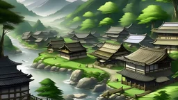 Generate an image depicting a serene village nestled between lush mountains and flowing rivers, where the peaceful life of a skilled samurai named Takeshi unfolds.