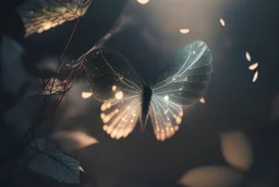 diaphanous transparent light butterfly with glowing center on dark grey leaves, ethereal, otherwordly, cinematic postprocessing, bokeh, dof