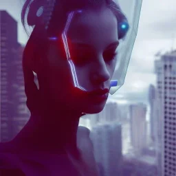 double exposure of a futuristic cyberpunk woman in an alien city by alessio albi --v 4