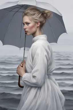 Standing in the grey-north sea with white clothes. Girl with a bun. Rains heavily. You see her face, blues eyes and blond hair. She holds and umberella.