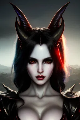 Succubus character, demon horns, demon tail, ominous, facepaint, waist up portrait, intricate, oil on canvas, masterpiece, expert, insanely detailed, 4k resolution, retroanime style, cute big circular reflective eyes, cinematic smooth, intricate detail , soft smooth lighting, soft pastel colors, painted Renaissance style