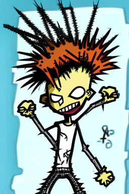 2d drawing of a stickman, cool with punk hair, x eyes like in hangman, both arms in air, showing piece sign,3d realistic in colour