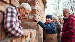 Elderly pensioners building a wall. Everyone is happy. Photographic quality and detail, award-winning image, beautiful composition.