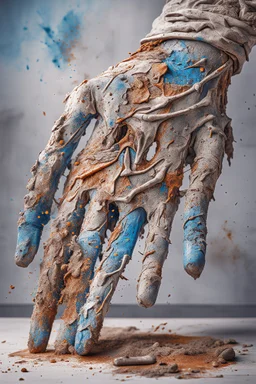 A big hand of a giant human textured with white powder and muddy skin with cracks and corrosion