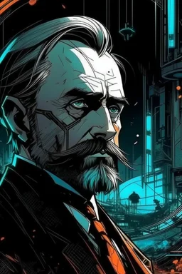 Best quality, masterpiece, ultra high definition,Futuristic, cyberpunk, Friedrich Nietzsche,Comic style