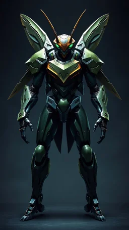 A full-body depiction of a humanoid warrior clad in menacing mecha-beast mantis armor, standing tall in a dark, abyssal background. The sleek exosuit mirrors the sharp, angular design of a praying mantis—blade-like shoulder plates, segmented armor limbs, and chitinous green plating fused with interlocking cybernetic joints. Its helmet bears mandible-like extensions and glowing emerald eyes, evoking the focused stare of a predator. Along its back, twin folding appendages mimic mantis wings in har