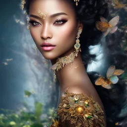 black skin fairy, beautiful portrait, flowery landscape