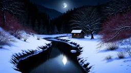 The image shows a serene winter landscape with a moonlit scene featuring a reflective stream amidst snow-covered terrain and bare trees. A small rustic house is seen in the background, partially hidden by trees. A wide, reflective stream runs through the foreground, its surface appearing dark or slightly reddish. Snow covers the ground, creating a smooth, white surface. The atmosphere feels calm and slightly eerie, enhanced by the bright full moon shedding light on the scene. The stark contrast