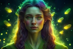 Portrait of a woman, Fireflies in Asgard, colorful polychromatic, ultra-detailed, Artstation, deep color, volumetric lighting, yellow-green color.