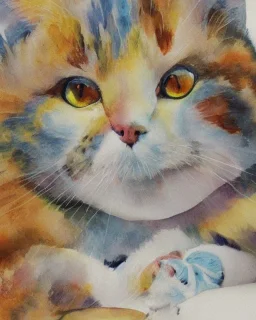 watercolor painting, cat, happy, bright color,