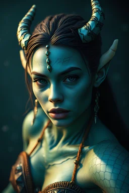 Photoreal gorgeous thrity year old green-blue triton ranger woman with green-blue scaled green-blue skin floating in the deep ocean realm by lee jeffries, otherworldly creature, in the style of fantasy movies, photorealistic, bokeh masterpiece smooth shading, ultra detailed, high resolution, cinematic, unreal 6, subtle shadows, octane render, 8k, cinema 4d, HDR, dust effect, vivid colors.