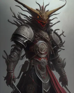 Detailed anime boy, dark brown hair, black and red dragon scale armour, intricate details, full body portrait, keep head in frame, slight smile, black Japanese motif, concept art, highly detailed, digital painting, concept art, sharp focus, illustration, art by Yoji Shinkawa, WLOP and greg rutkowski and alphonse mucha and artgerm and yanjun Chen and Junji ito and Makoto Shinkai, HDR, octane render