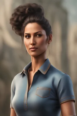 a very manly female middle aged indian mother dressed polo t-shirt and blue jean pant with hair styled into a professional bun with a very masculine body structure with masculine pecs and standing with hands in pocket facing front in a photorealistic picture