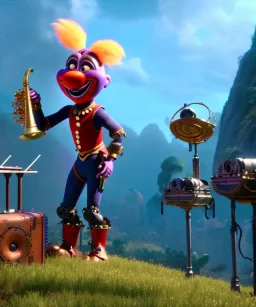 mechanoid clown playing jazz with a steampunk theme, trumpet, realistic