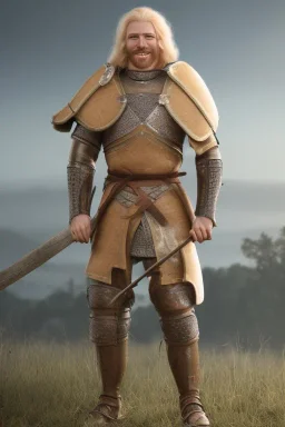 strong medieval men warrior with blond short hair, blue eyes and wide warm smile with an axe with green and brown clothes