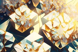 beautiful composition, symmetric pattern, Double exposure of cubes in which abstract flowers are, cracked holographic marble background, the cracks are golden S<AI in sunshine