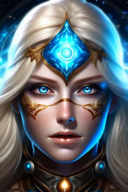 guerriero cosmico stellare viso bellissimo capelli biondi occhi blu