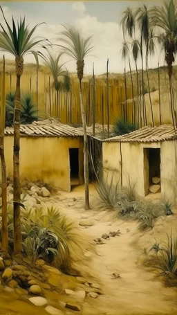A tan prison in a dry prehistoric jungle painted by Maurice Utrillo