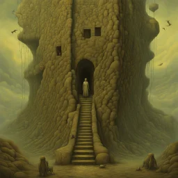 The pernicious demands of climbing the social ladder, absurdist, styled by Zdzislaw Beksinski and Roland Topor, asymmetrical neo surrealism, muted colors and textures, eerie, vertigo-inducing expansive, trending on Artstation, 8k, wonderfully morbid, matte oil painting, horror art by Clive Barker