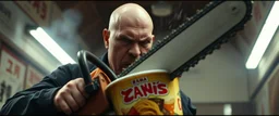 ramen bucket that looks like a chain saw wielded by serious angry bald law man, in cinema