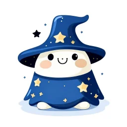 drawing of cute small mochi character with whitch hat in dark blue colour with small gold stars on it on, on white background