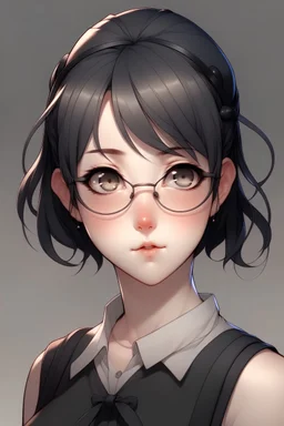 femboy, short, with black hair and rainbow bangs short fluffy hair in a half ponytail, has a choker, kawaii goth, short height, freckles, pale skin, petite, sharp teeth, grey eyes, wears glasses, in a maid outfit