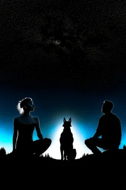 black background on a mountaintop and three sitting silhouettes of a fit man, a silhouette of a fit woman, and a silhouette of a Belgian malinois sitting next to the woman looking at the stars