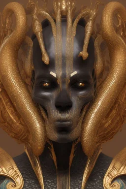 shiny black male African Egyptian alien, cracks in the voodoo head, wicked, eyes, crown, Elephant, 8k, finely detailed, photo realistic, tiger turquoise skull head gold dragon space alien snow skeleton gold horny toad silver crown silver eyes