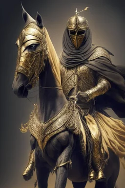 Arab warrior Full Body Full Armored Wearing Face Masculine Mysterious Powerful Fantasy High Quality Carrying his bow Golden clothes His horse behind him 8k