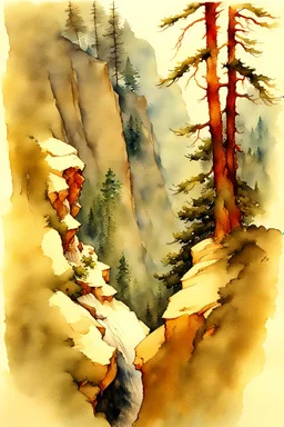 aspect ratio is Portrait, Edward Wesson, Dante Gabriel Rossetti, Pino Daeni, watercolor, wet on wet, splash fast strokes, Gnarled pine trees on the edge of a precipice looking down into a canyon, Brian Froud style, wet blurry watercolor